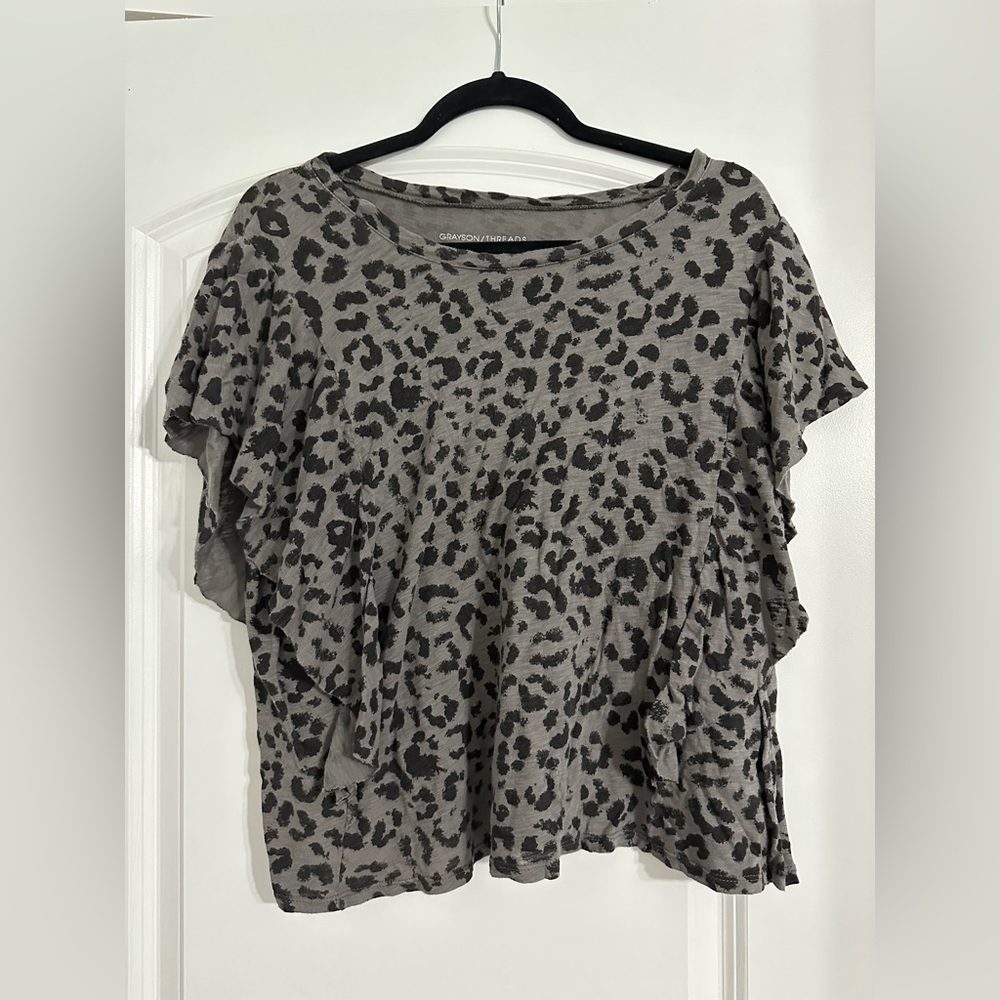 Black Leopard Tee Ruffle Sleeves